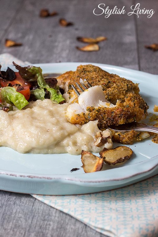 Kabeljaufilet mit Café de Paris Butter Kruste und Topinambur-Püree ...