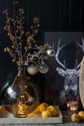 Winterast vor dem Hauseingang weihnachtlich mit Kugeln geschmückt